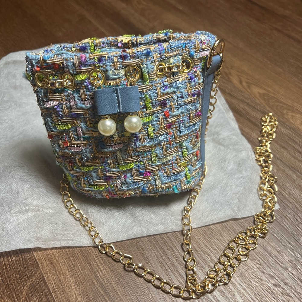 Tiny Treats Chic Tweed Chain Bag - Blue and Gold